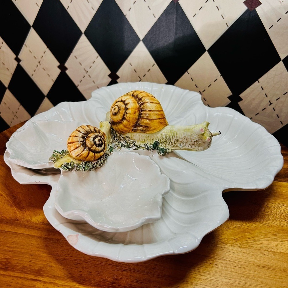 Vintage Italian Majolica Snail & Shell Ceramic Dish Pair Coastal Whimsy